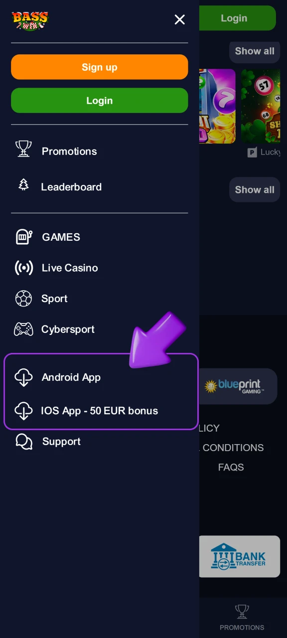 Download and install the Basswin Casino mobile app at your phone.