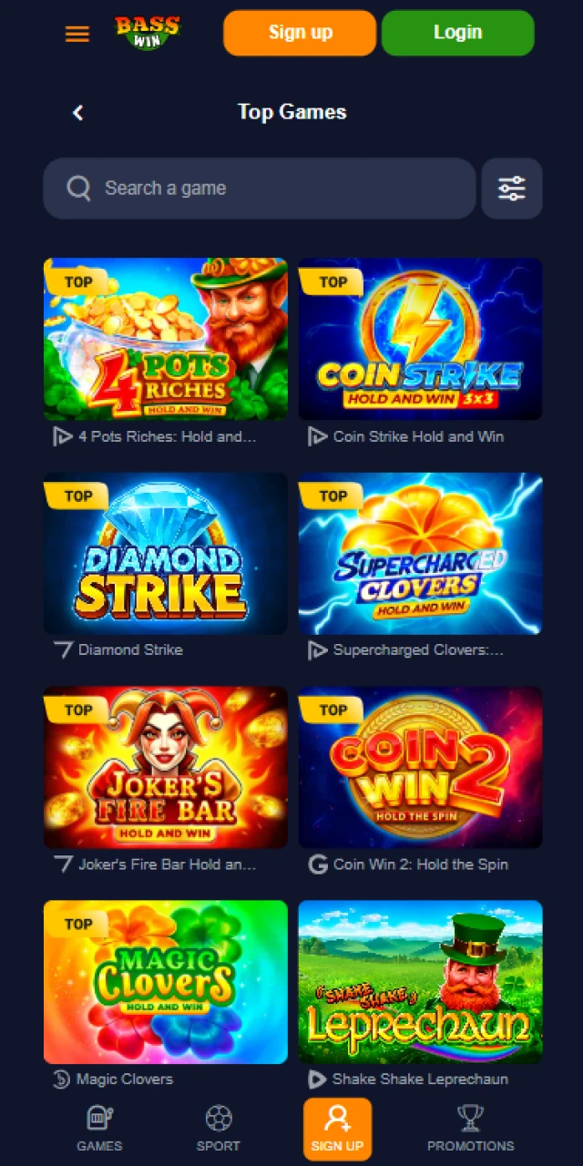 Play various casino games directly in the mobile Basswin App.