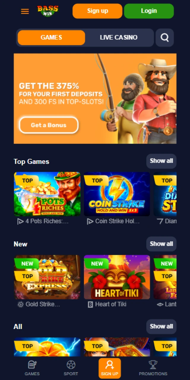 Visit the main interface of the Basswin App for betting.