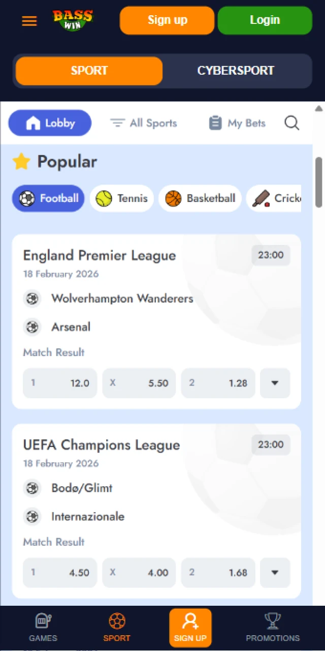 Bet on worldwide sports matches via the official Basswin App.