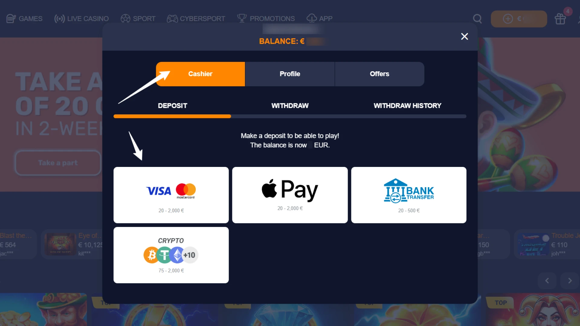 Deposit money to activate your chosen Basswin Bonuses rewards.