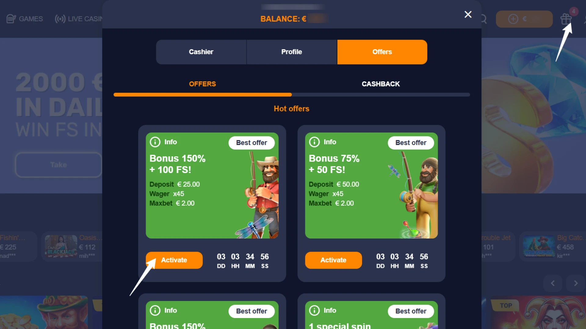 Choose your preferred offer from the Basswin Bonuses section.