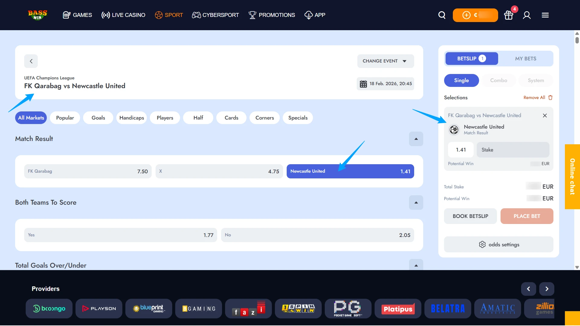 Add chosen events for betting to the Basswin coupon.