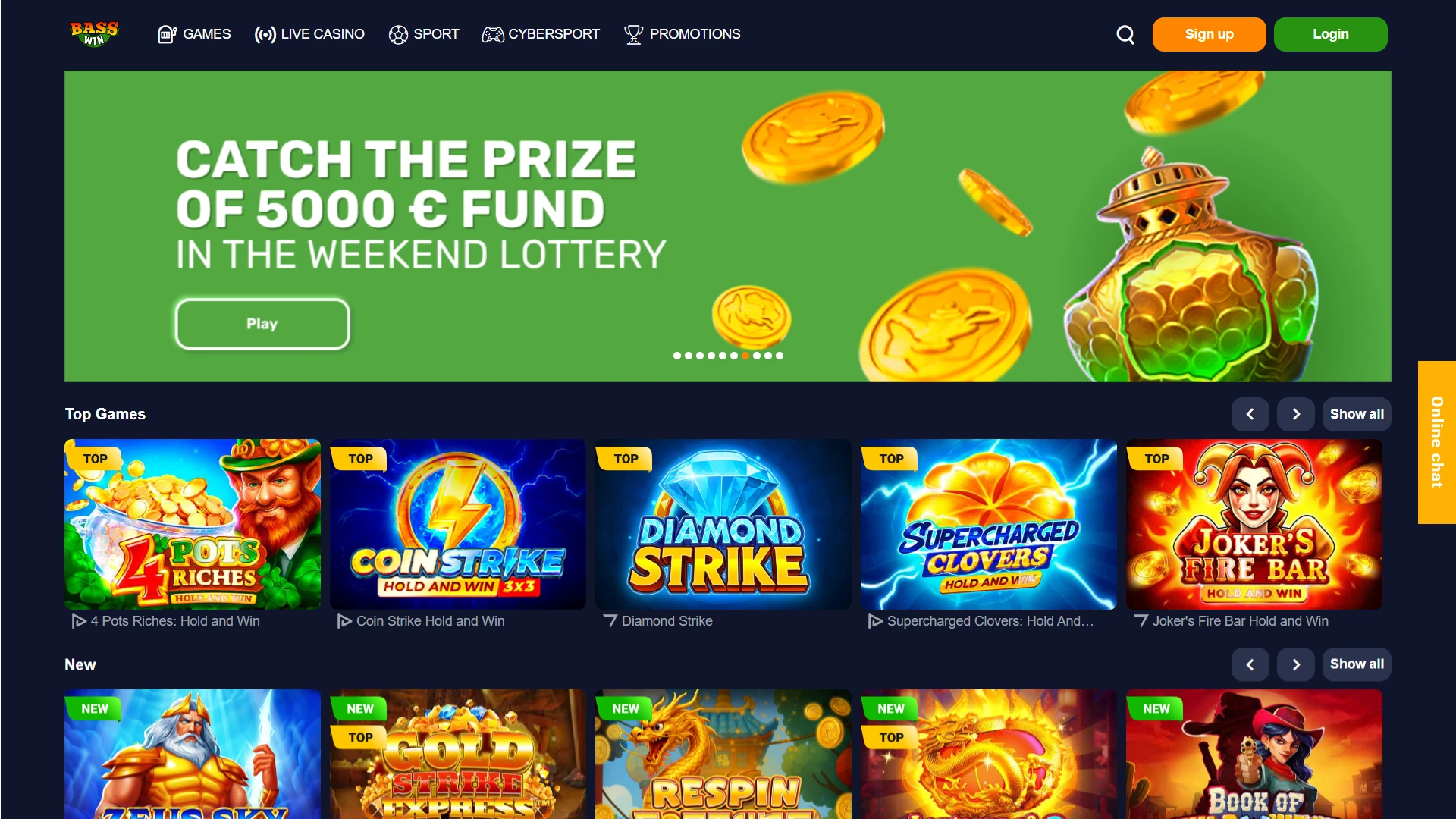 Explore the main interface of Basswin betting site and casino.