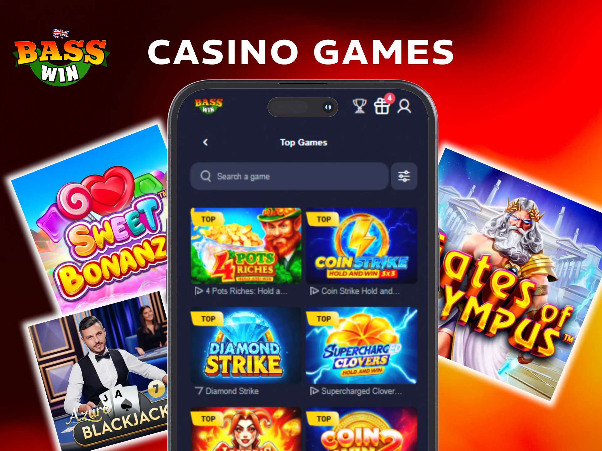 Play top-tier casino slots and tables in the Basswin App.