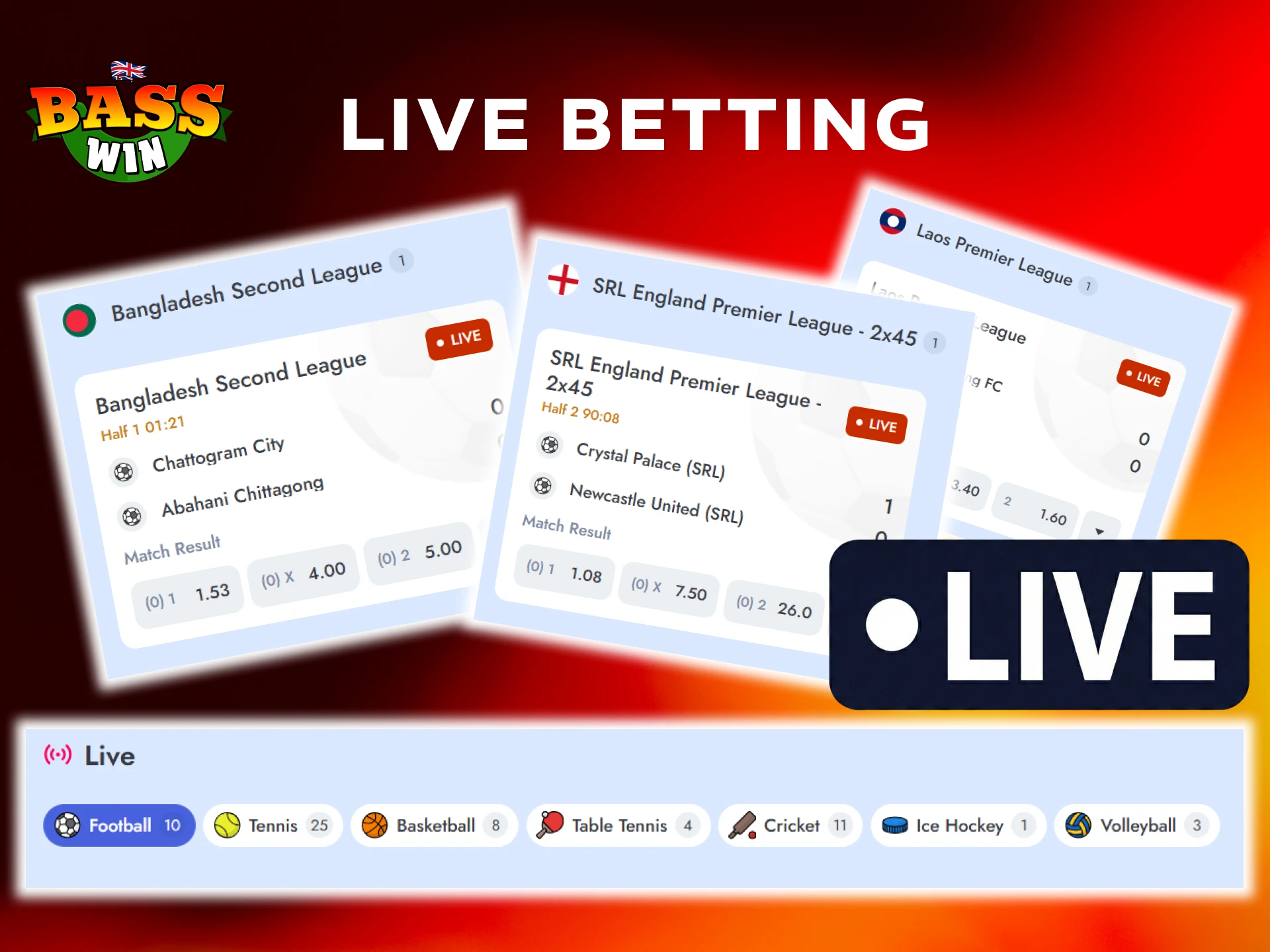 Place live bets on matches at the Basswin UK betting site.
